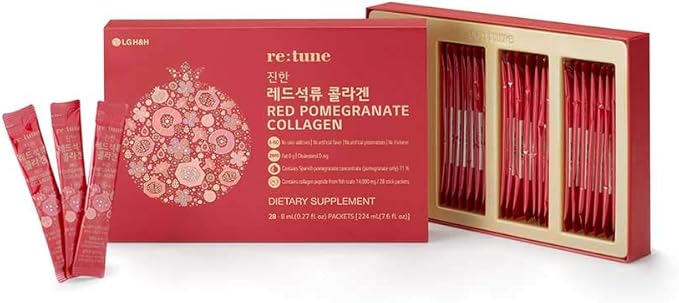 LG H&H re:tune Red Pomegranate Collagen I Liquid Collagen Supplement, Pomegranate Concentrate, Fish Scale Collagen Peptide 500 mg, Red Ginseng Concentrate, Hyaluronic Acid Vitamin C, 28 Packets