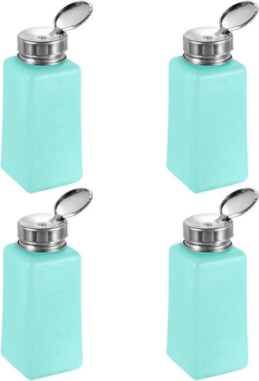 HARFINGTON 4PCS 250ML(8.5oz) Push Down Alcohol Dispenser Pump Liquid Press Empty Bottles Refillable Container for Cleanser Nail Polish Remover, Green