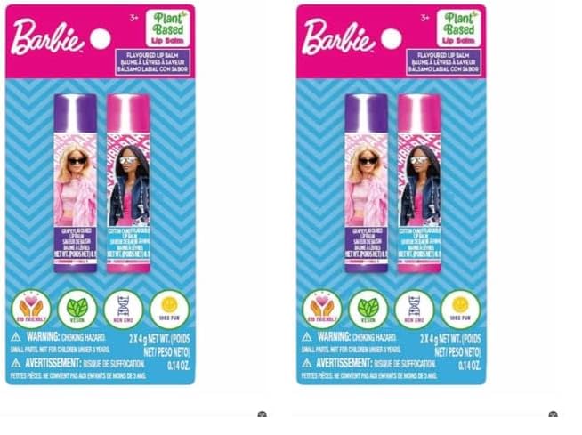 Barbie 2 Lip Balm with Flavors Include Blue Blueberry and Pink Cotton Candy - Lip Balm on Card - 2 Shimmery Lip Balms (Pack of 2)