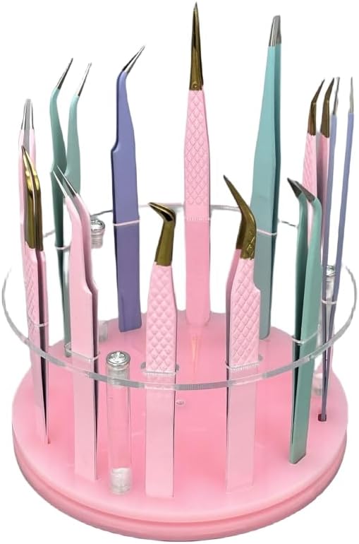 12 Holes Rotatable Acrylic Tweezers Holder, Grafting Eyelash Makeup Tweezer Stand Display Extensions Organizer Individual Training Tools (Pink)