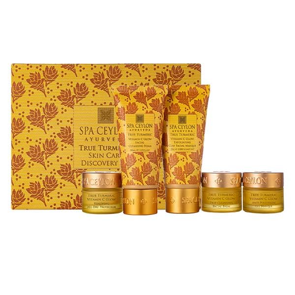 SPA CEYLON True Turmeric Skin Care Discovery Set | Travel Size Face Care Set | Organic Cleanser, Masque, Face Balm & Protector | For Oily Acne-Prone Skin