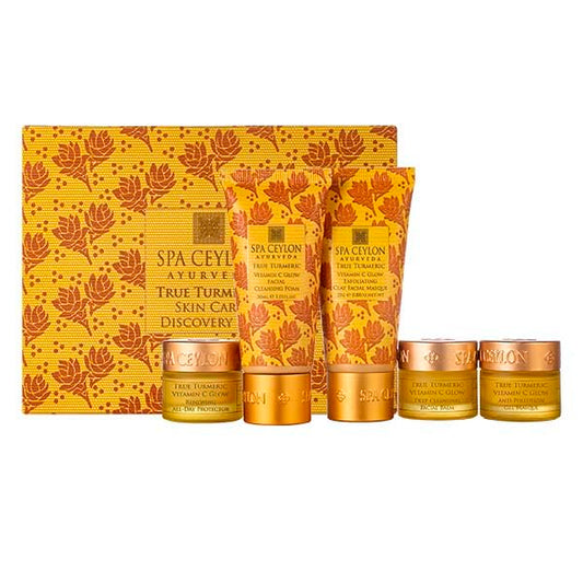 SPA CEYLON True Turmeric Skin Care Discovery Set | Travel Size Face Care Set | Organic Cleanser, Masque, Face Balm & Protector | For Oily Acne-Prone Skin
