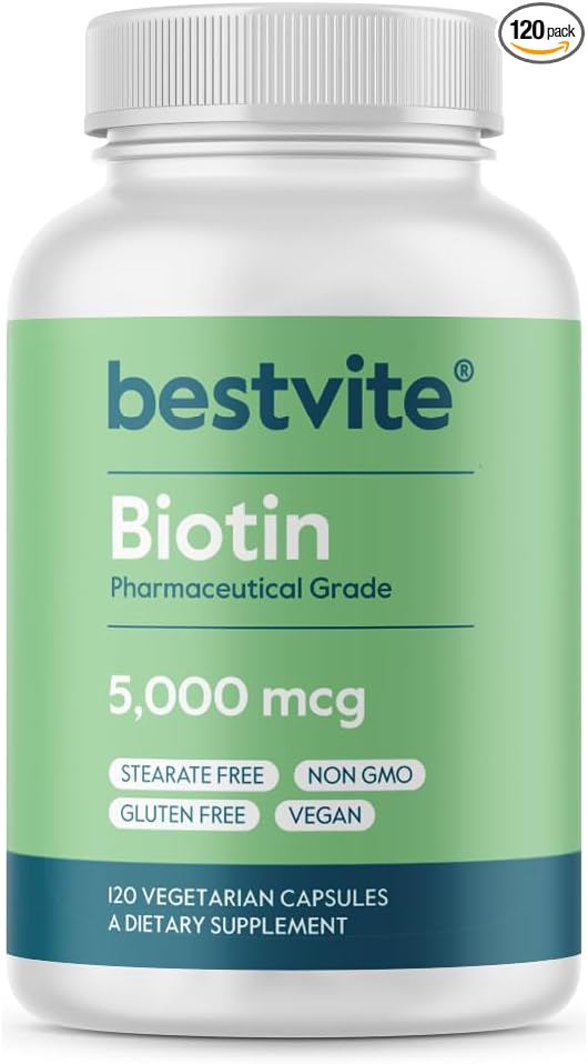 BESTVITE Biotin 5000mcg (120 Vegetarian Capsules) - No Stearates - No Flow Agents - Vegan - Non GMO - Gluten Free - Hair, Skin, Nails