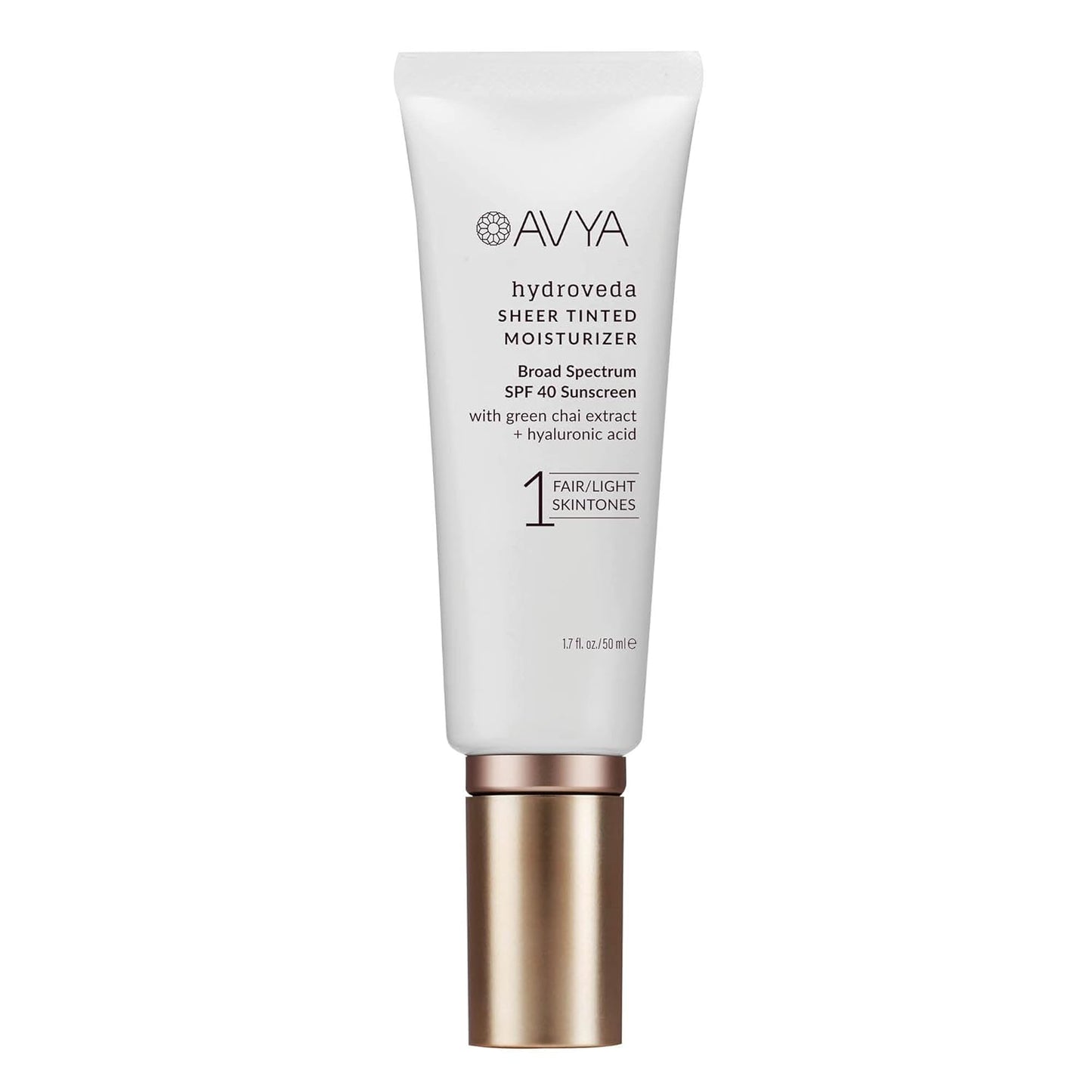 AVYA SPF 40 Sheer Tinted Moisturizer with Hyaluronic Acid & Green Chai – Advanced Ayurvedic Skincare Treatment for Balanced and Brighter Skin/Fair & Light Skintones Shade #1 (1.7oz/50ml)
