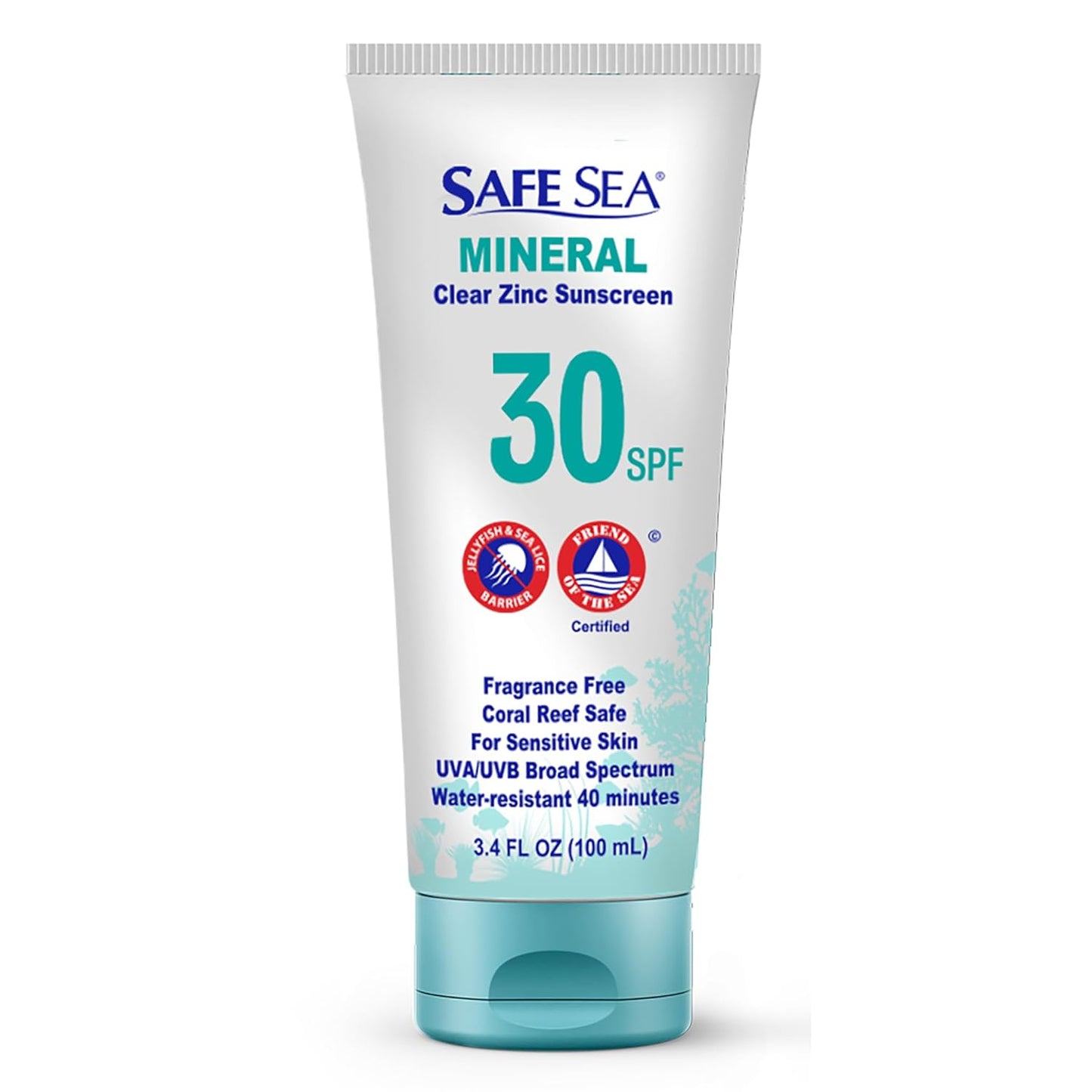 Safe Sea Zinc Oxide Sunscreen SPF30 | Clear Mineral Face And Body Sunscreen Without White Cast | Anti-Jellyfish Sting Protective Lotion | 3.4Oz (100ml) (1 Pack)