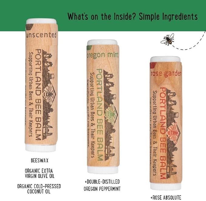 Portland Bee Balm All Natural Handmade Beeswax Based Lip Balm Unscented, Oregon Mint and Rose Assortment 3 Count