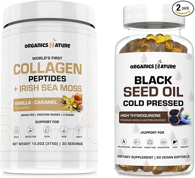 ORGANICS NATURE Collagen with Sea Moss Vanilla Caramel & Black Seed Oil Caps. 1000MG Softgels Bundle.