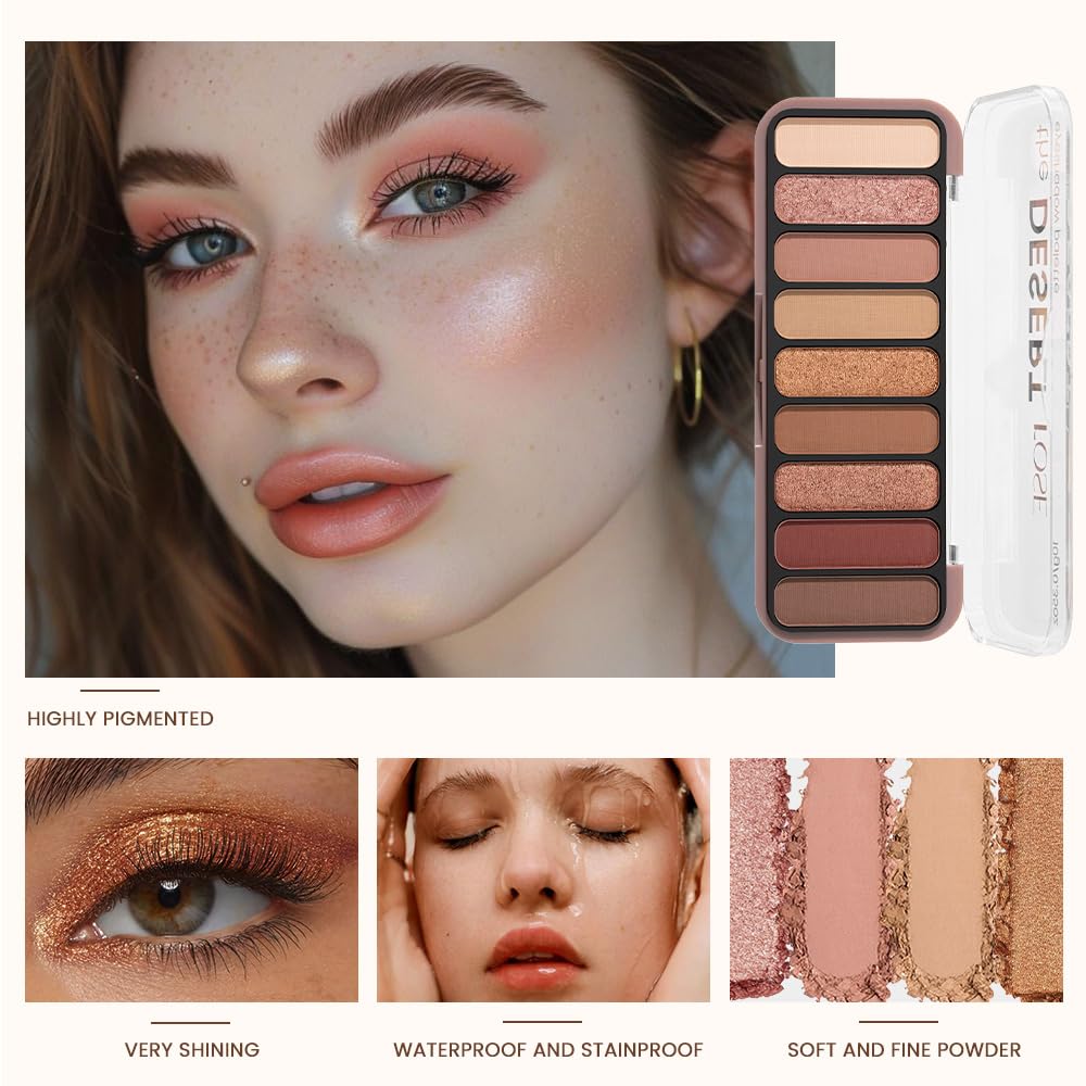 9-Color Eyeshadow Makeup Palette, Blendable Shimmer & Matte, Caramel Cinnamon Rose Golden Brown Eye Shadow Palette, Long-Lasting Waterproof for Brown Eyes, Daily Commuting Smoky Eye Makeup