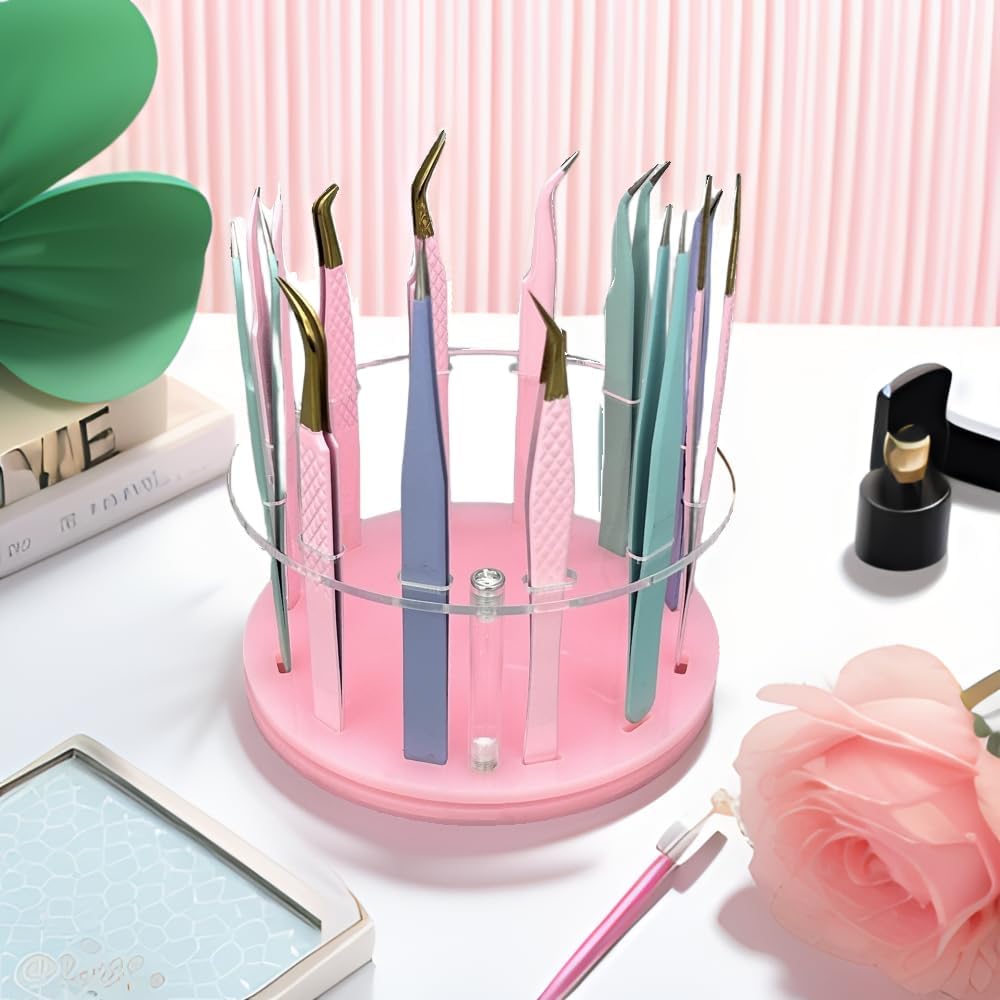 12 Holes Rotatable Acrylic Tweezers Holder, Grafting Eyelash Makeup Tweezer Stand Display Extensions Organizer Individual Training Tools (Pink)