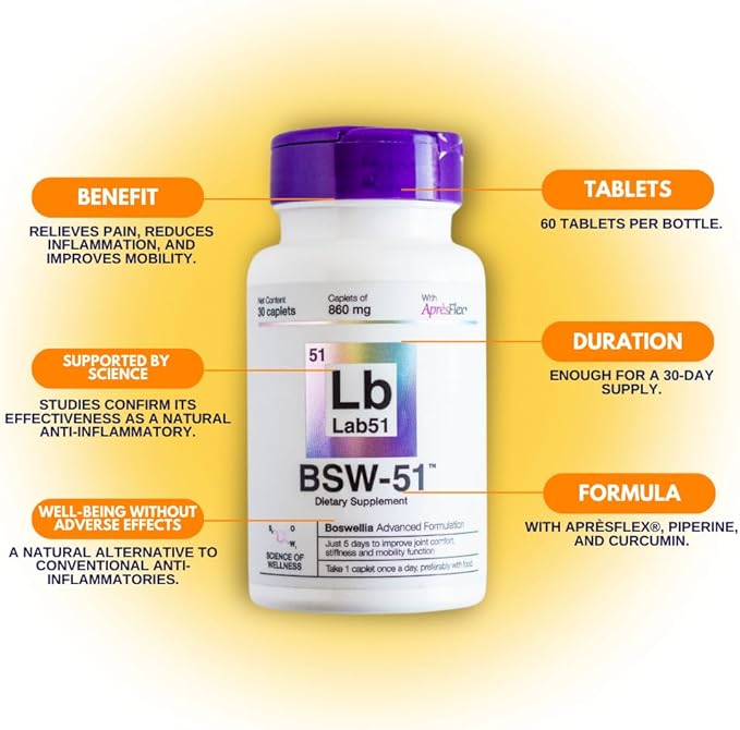 BSW-51 Hyaluronic Acid Supplement – Boswellia Serrata AprèsFlex®, Hyaluronic Acid & Piperine – 30 Caplets, 860mg – Joint Comfort, Mobility & Stronger Cartilage Support