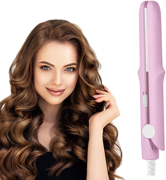 Upgrade 2-in-1 Curling Wand and Flat Iron, 2025 Upgrade Mini Dual Purpose Curling Iron, Portable Hair Straightener Travel Curling Wand for Women Short and Long Hairs, All Hair Types (Pink)