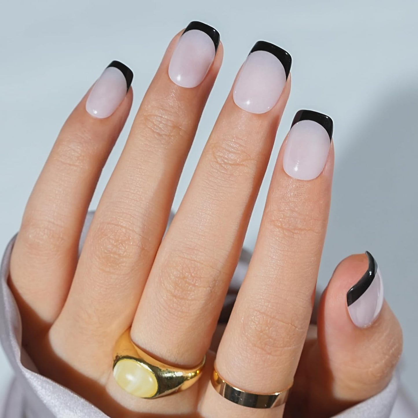 French Tip Press On Nails - Gothic Square,Black Halloween Press On Nails, Acrylic Square Short Halloween Nails with Nail Glue, Fit Perfectly & Natural Stick On Nails in 16 Sizes - 32 PCS Soft Gel Kit