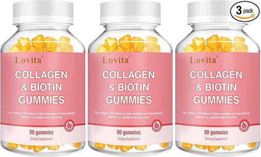 Lovita Marine Collagen Gummy with Biotin, Vitamin C & E | Type I Collagen for Skin Health | Peach Flavor | 90 Gummies (Pack of 3)
