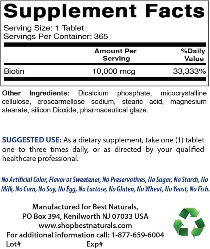 Best Naturals Biotin (Also Called Vitamin B7), 10,000 mcg 365 Tablets (365 Count (Pack of 2))