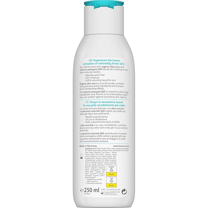 lavera basis sensitiv Body Lotion Firming - organic aloe vera & natural coenzyme Q10 - improved skin elasticity in 14 days - PETA certified - biodegradable - vegan - natural cosmetics - 8,45 fl.oz.