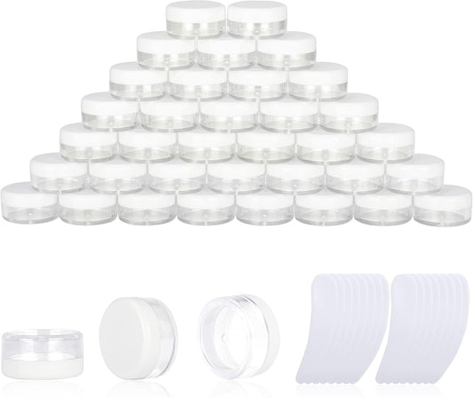 200PCS 3 Gram Sample Containers, 3ml Empty Jars with Lids, Small Cosmetic Containers, Mini Sample Jars with 16PCS Mini Spatulas for Make Up, Oils, Lotion, Powder, Paint, Jewelry, Lip Balms(White Lid)