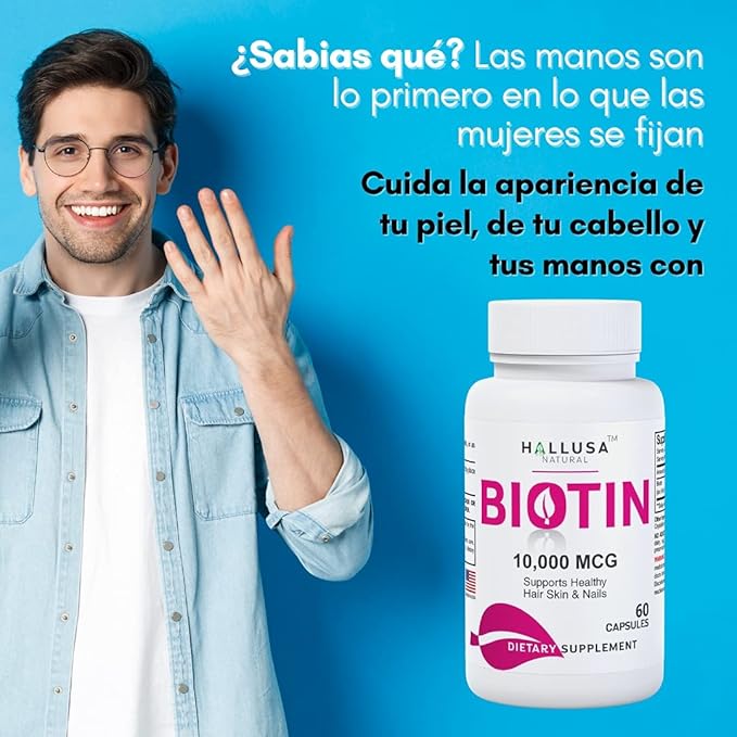 Suplemento de biotina - Pastillas para la caída del Cabello - Crecimiento del Cabello – Crecimiento de la Barba - Alopecia y calvicie - BIOTIN 10.000 MCG 60 CAPSULAS