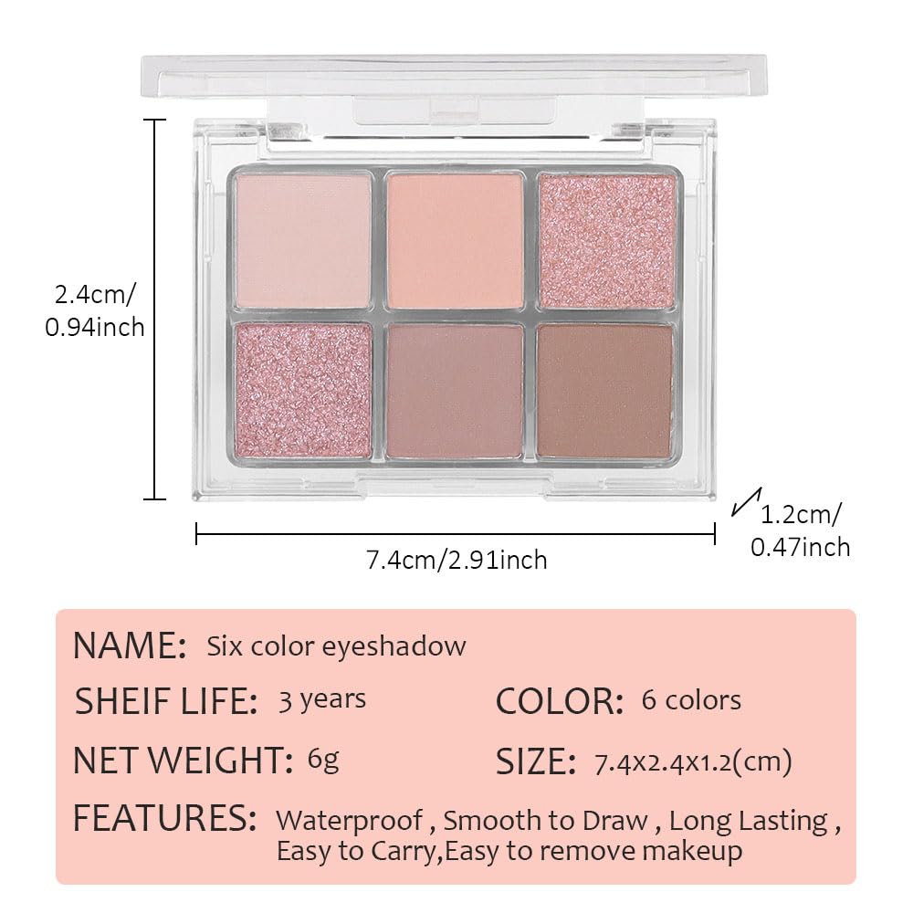 6 Colors Glitter Matte Eyeshadow Palette,Natural Nude Brown Rose Gold Coffee Sparkly Eye Shadow Makeup,Warm Pastel Eyeshadows Palette Long Lasting Waterproof Naturing-Looking Women Girls Eye Shadow 01