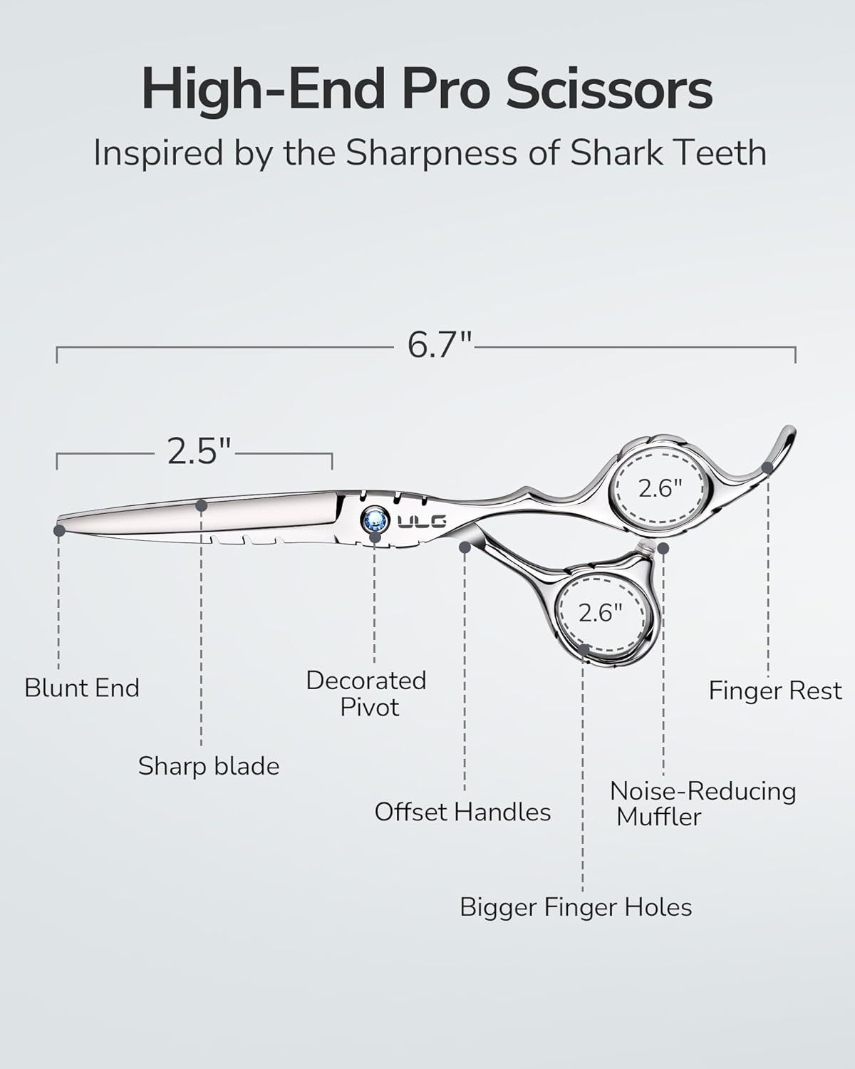 ULG Hair Cutting Scissors 6.7” Shark Series, 100% Japanese Stainless Steel Ultra Sharp, Concave Blade Barber Shears, Ergonomic Offset Handle, Professional Salon Haircut Scissors for Home & Salon Use