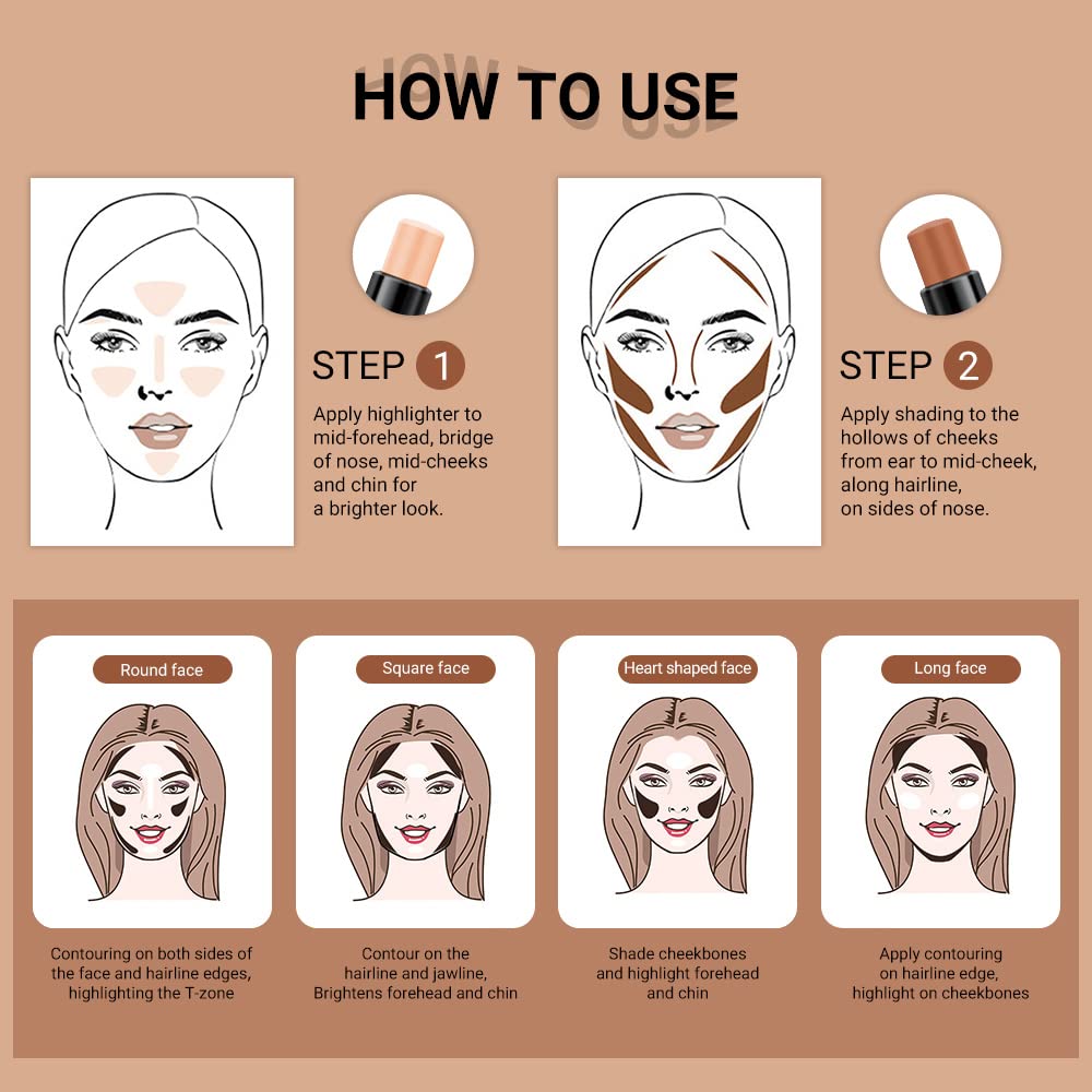 evpct 4 Colors Contour Stick Makeup Set Concealer Stick Cream Contouring Palette Makeup Kit for Beginners Nose Bronzer Sticks Liquid Contour Face Highlighter Makeup 02+03