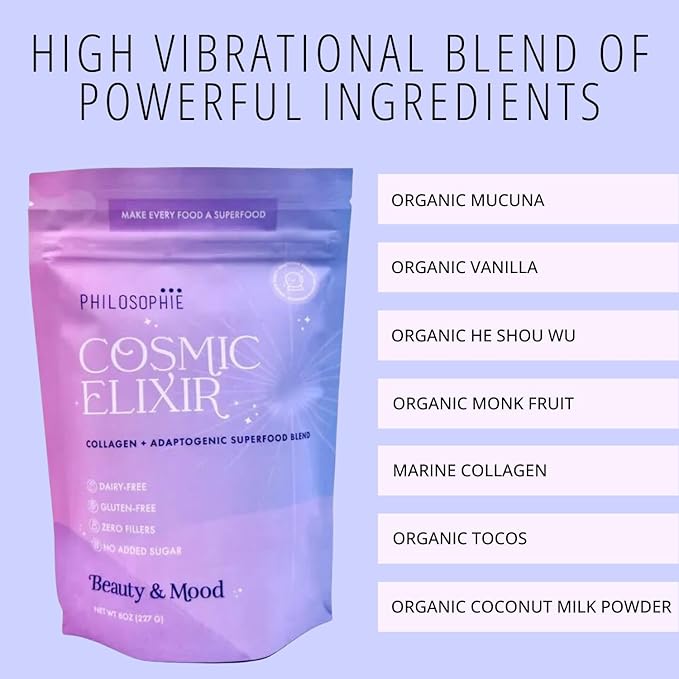 Philosophie Cosmic Elixir Collagen Superfood Blend with Adaptogens – Organic & Unsweetened Powder for Gut Health, Hormone Balance, Joint Support & Skin Vitality – 32 Servings