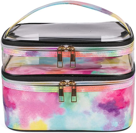 FITINI Makeup Bags Double Layer Travel Storage Cosmetic Cases Make up Organizer Toiletry Bags Water-resistant for Women Makeup Brush Bag,Tie Dyed