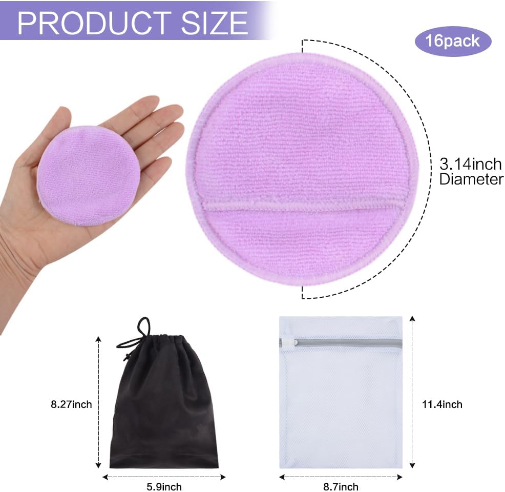 SUNLAND Reusable Makeup Remover Pads for Face,Eye,Lips 16 Pack Microfiber Face Cleansing Gloves Washable with Laundry Bag and Travel Bag Rounds Toner Pads（Round 3.15inchx16 Purple）