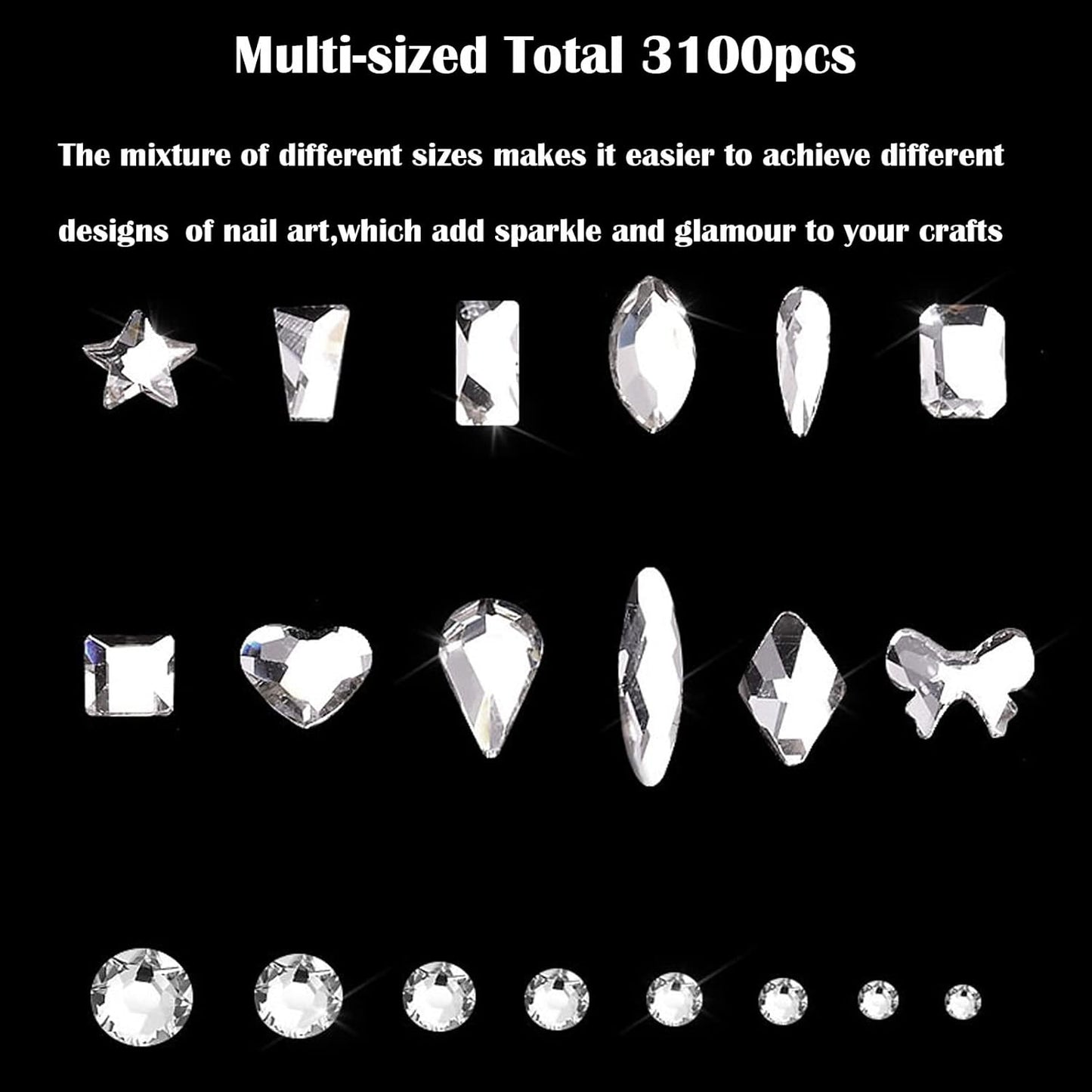 Nail Rhinestones Kit, Nail Art Decorations with Wax Pencil Flat AB Rhinestones Kit DIY Crafts Gemstones for Nail, Shoes, Clothes, Jewels (600 Black Diamonds + 2500 Flat Rhinestones)