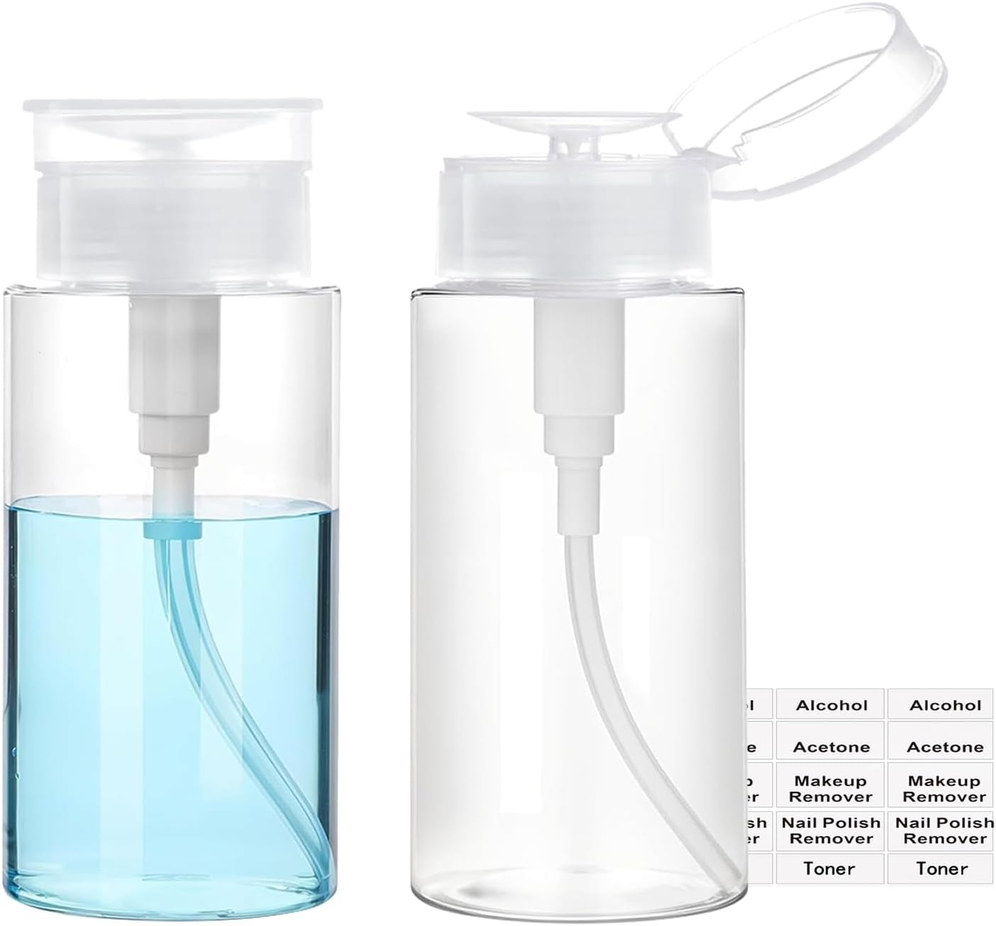 Push Down Pump Dispenser, 3.4oz Clear Pump Bottles with Alcohol, Acetone, Nail Polish Remover, Makeup Remover, Toner Stickers Empty Push Top Container for Liquid (100ml-2Pack)