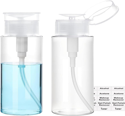 Push Down Pump Dispenser, 3.4oz Clear Pump Bottles with Alcohol, Acetone, Nail Polish Remover, Makeup Remover, Toner Stickers Empty Push Top Container for Liquid (100ml-2Pack)