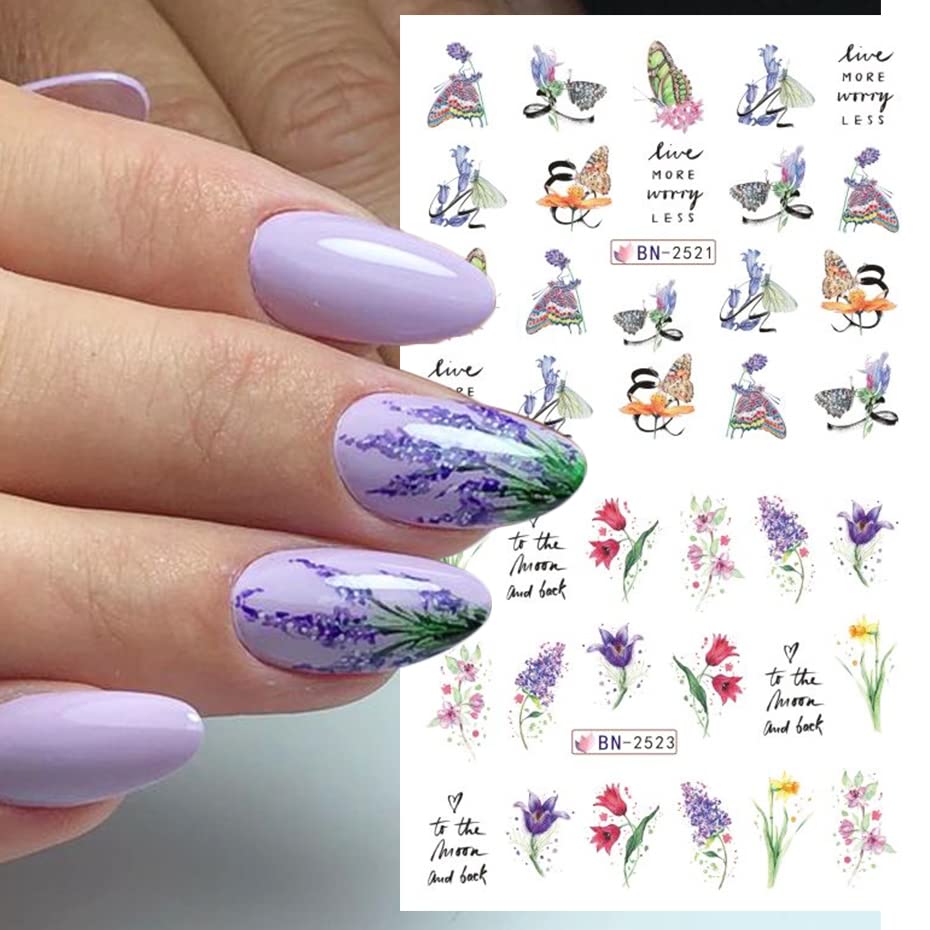 Flower Nail Art Stickers Decals Water Transfer Foils for Nails Art Supplies Spring Summer Tulips Butterfly Floral Design Acrylic Nail Stickers DIY Manicure Nail Decoration for Women 12 Sheets