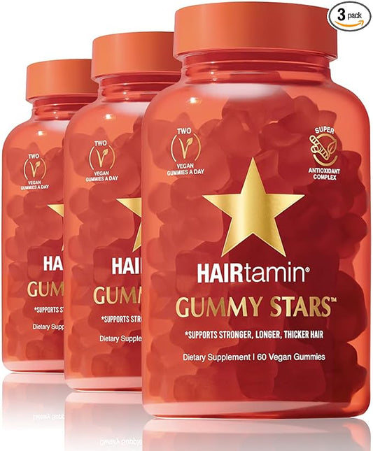HAIRtamin Vegan Gummy Stars Hair Vitamins | Non-GMO | Natural Biotin Hair Vitamin Gummies to Maintain Healthy Hair Skin & Nails | Multivitamin Supplement to Help Maintain Healthy Looking Hair (3-Pack)