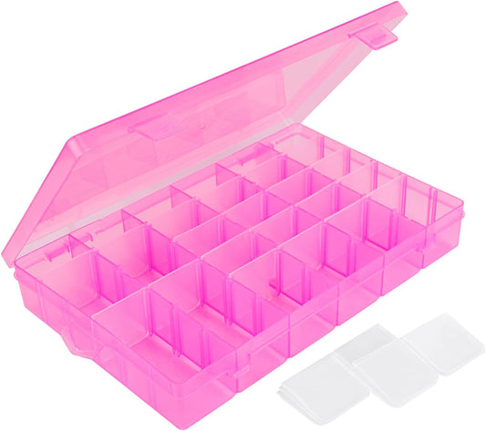 False Nail Container, Cosics Bright Pink 36-Gird Plastic Nail Art Organizers Storage Box with Adjustable Dividers, False Jewelry Diamonds Charms Nail 3D Decorations Manicure Accessory Holder Case