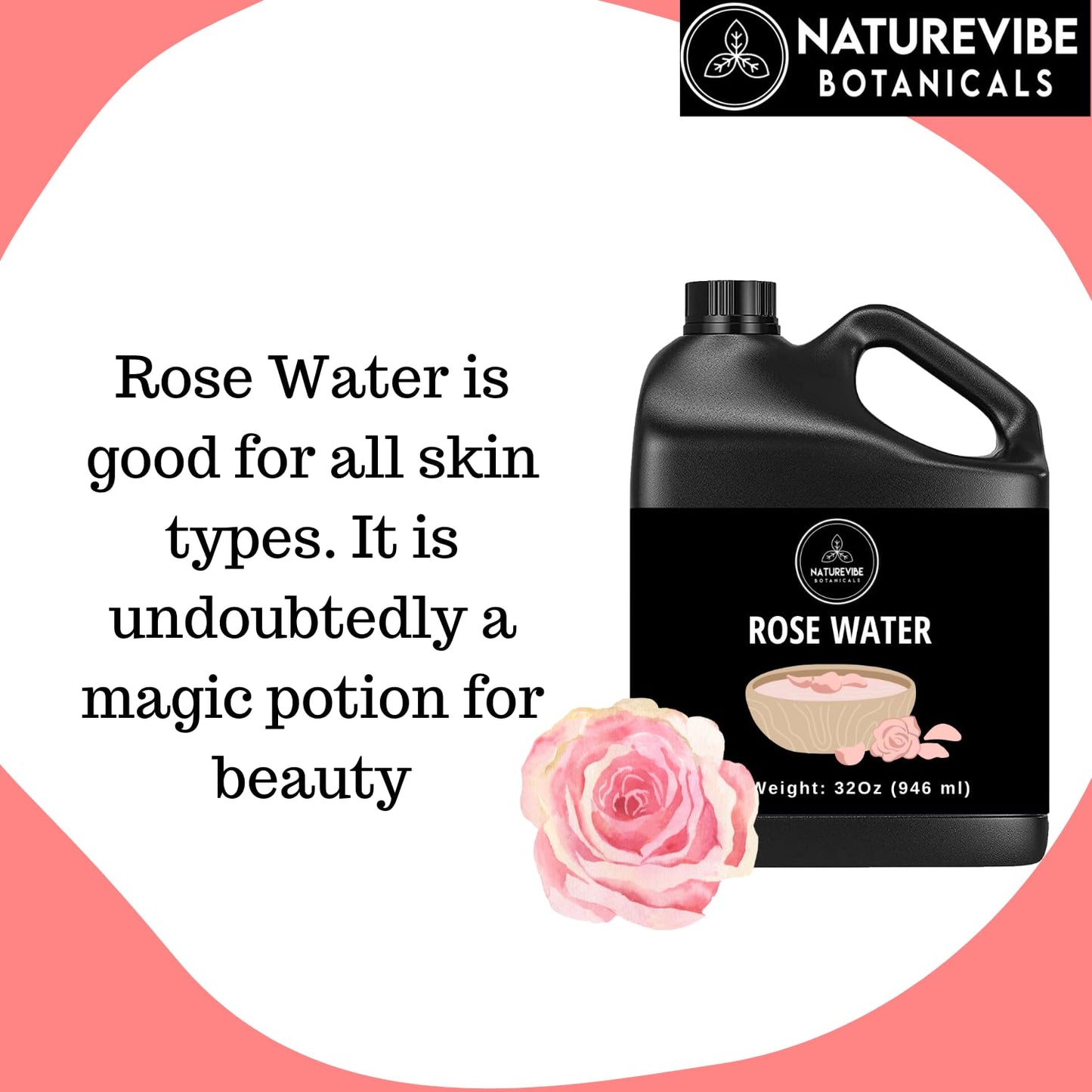 Naturevibe Botanicals Pure Rose Water Toner 32 oz Hydrating Facial Mist & Hair Spray | 100% Natural, Alcohol-Free Skin Care & Makeup Setting Spray