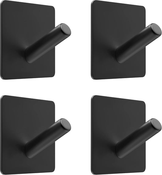 Matte Black Self Adhesive Towel Hooks for Bathroom Wall Door Mounted - SUS304 Stainless Steel Strong Strips Stick on 3M Wall Hooks for Hanging Coat, Hat, Bag, Key, Jacket – 4 Pack