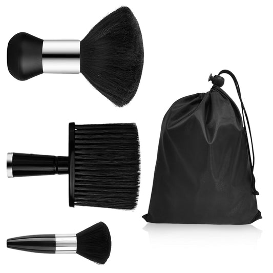 3Pcs Black Neck Dust Brush Set with Storage Bag, Soft Bristled Matte Handle Hair Brush & Barber Duster for Salon Essentials