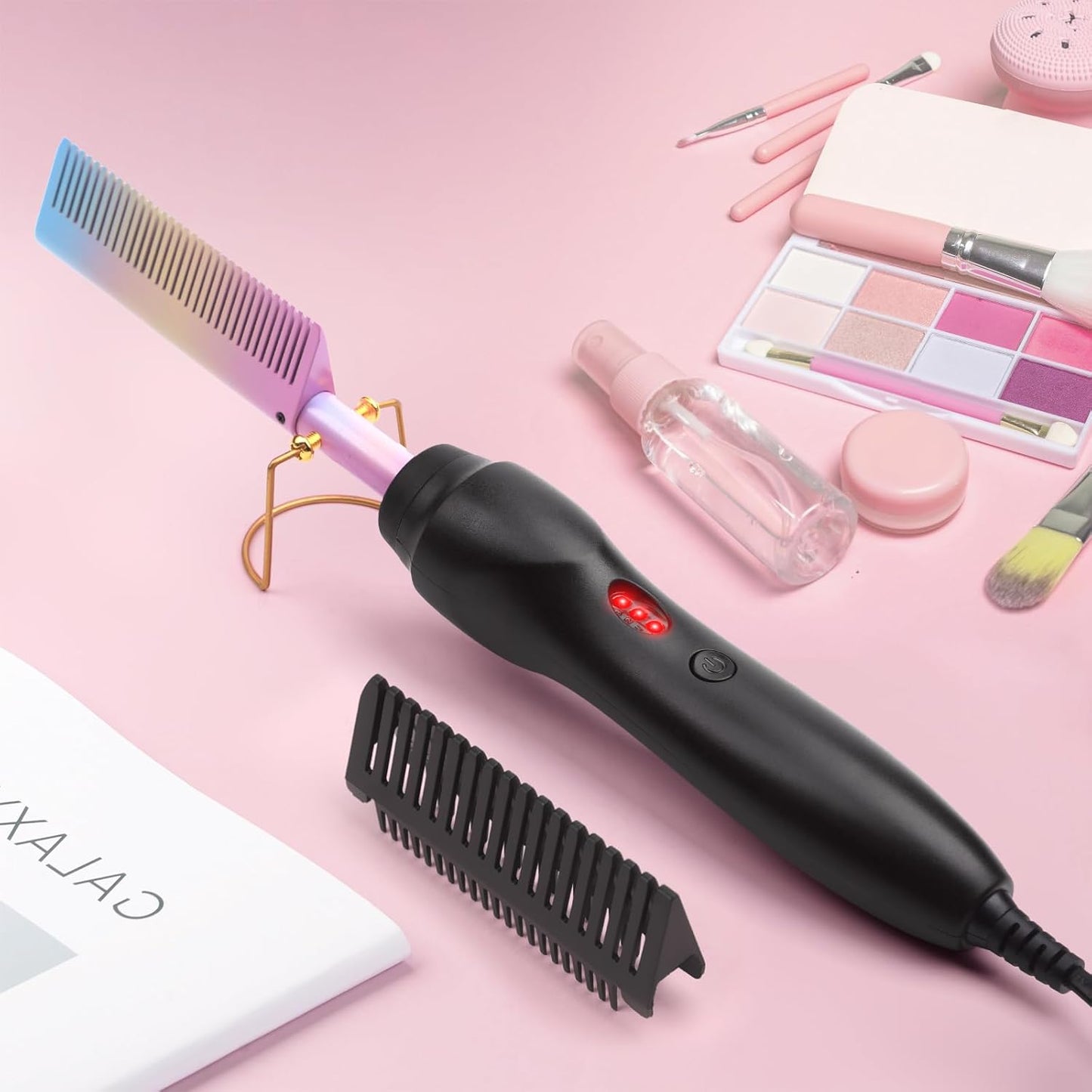 Electric Hot Comb Hair Straightener Heat Pressing Comb Curling Flat Iron Curler Hair Straightener Brush for Natural Black,Anti-Scald Beard Straightening Electric Press Comb (Multicolored)