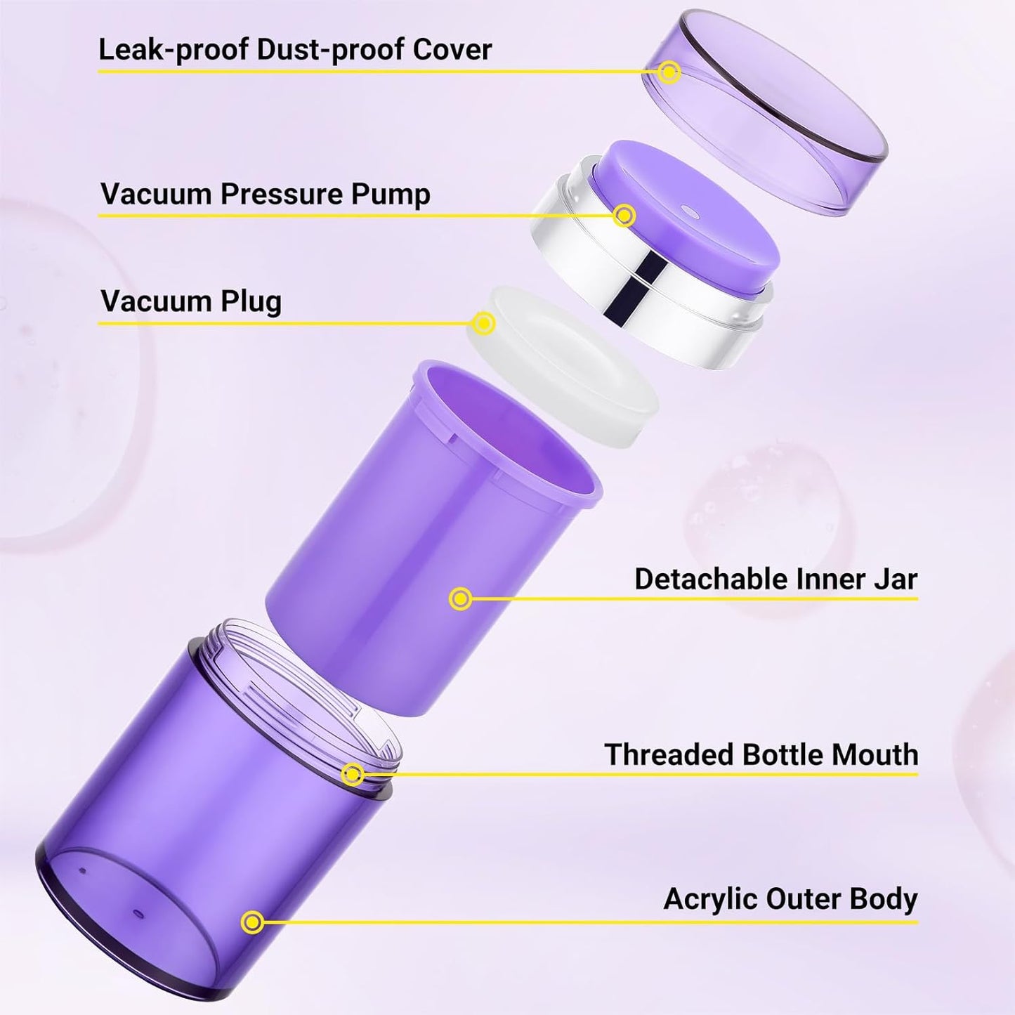Segbeauty Airless Jar 3.4oz Travel Bottles for Toiletries, 3pcs Empty Travel Containers for Creams, 100ml Purple Refillable Lotion Jars Set, Plastic Vacuum Liquids Containers with Pump for Skincare
