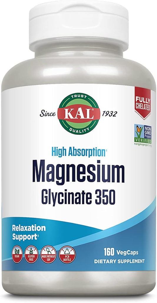 KAL Magnesium Glycinate Capsules, Fully Chelated Magnesium Bisglycinate, High Absorption Magnesium Supplement, Healthy Bones, Muscle, Relaxation and Stress Support, Non-GMO 160 count