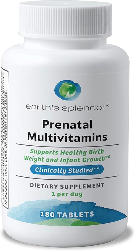 Earth's Splendor Prenatal Multivitamin: Supports a Healthy Pregnancy, Growth/Brain Development for Baby, Folic Acid, Iron, Non-GMO, MMS Clinically Studied Formulation - 6 Month Supply, 180 Tablets