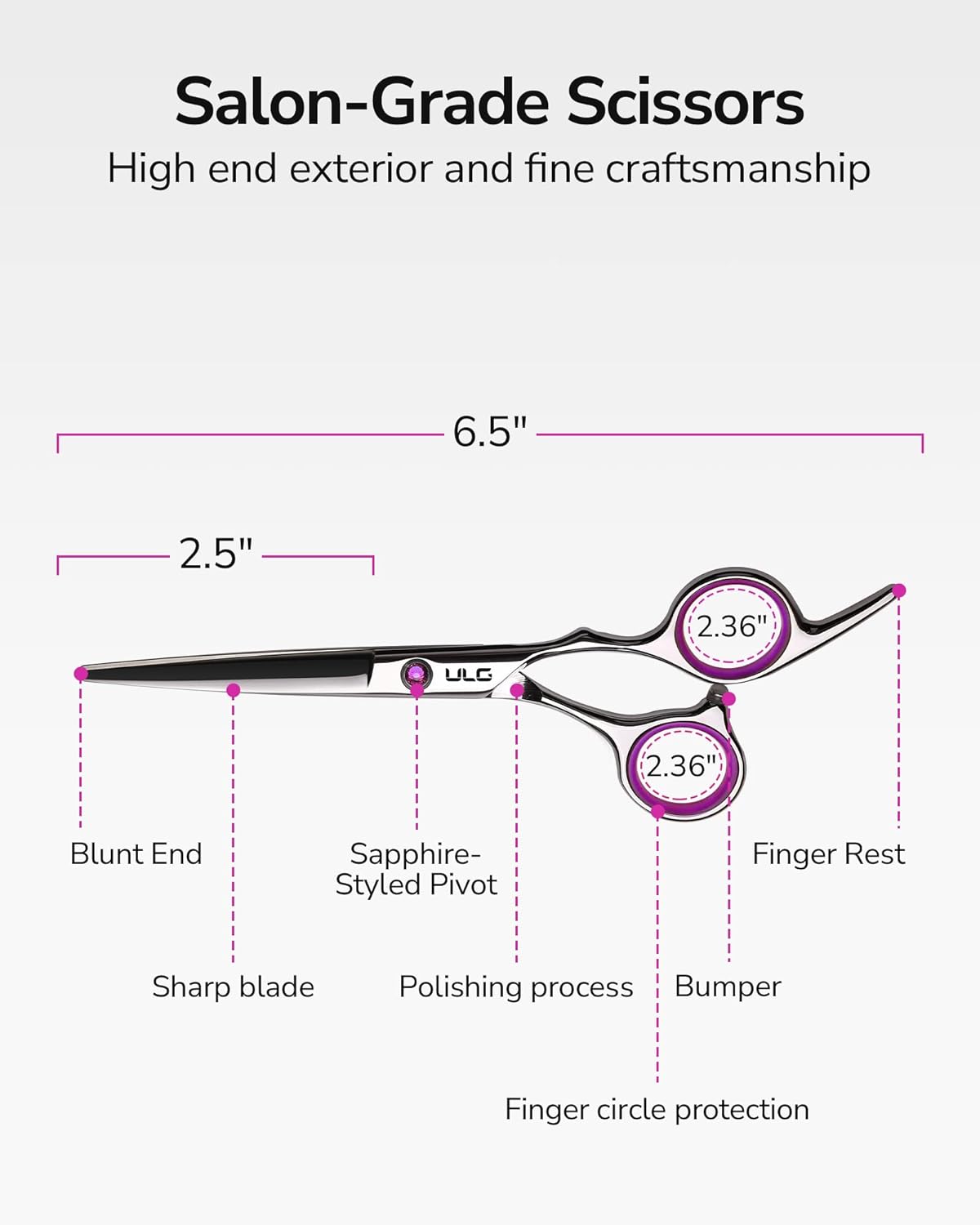 Hair Cutting Scissors, ULG Professional Hair Scissors 6.5 inch Right-Hand Razor Edge Barber Shears Salon Hair Cutting Shears Made of Japanese Stainless Steel, Hand Sharpened Pink