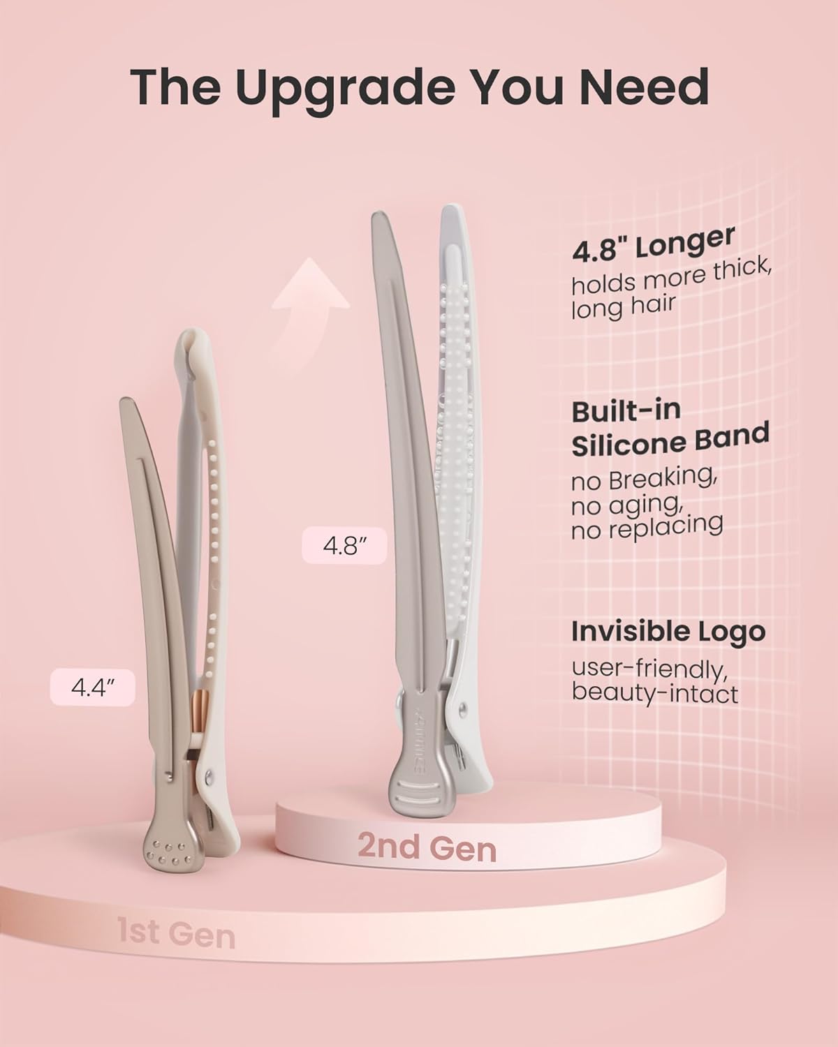 AIMIKE Extended Sectioning Hair Clips w/Built-in Silicone Band, 4.8" No-Crease Non-Slip Hair Styling Clips for Thick, Long Hair – Blow Drying,Hair Rollers, Rust-Free –6 Pack, OpalShell Duckbill Clips