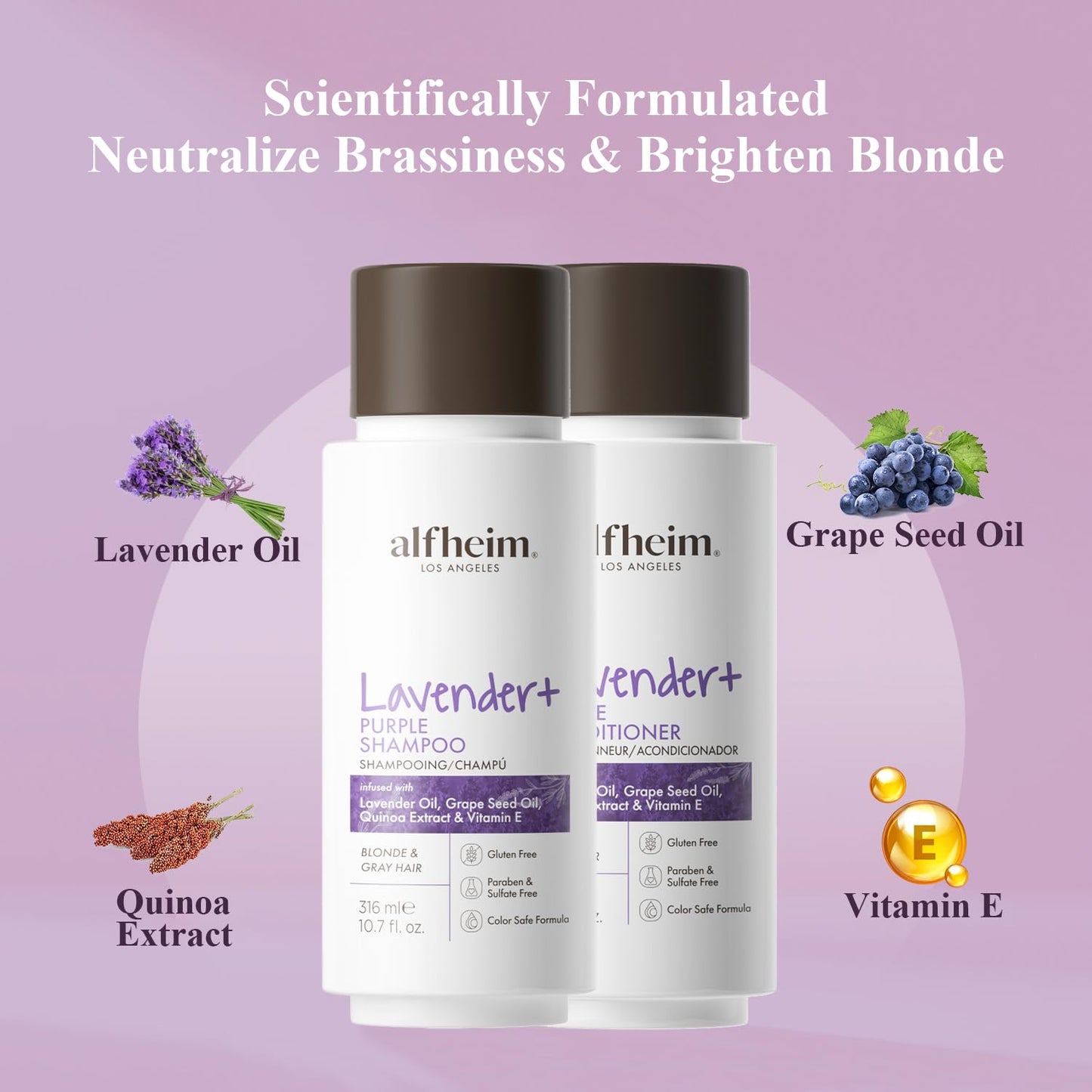 ALFHEIM Lavender+ Purple Shampoo & Conditioner Set for Blonde, Silver & Color-Treated Hair – Restores Cool Shine & Smoothness – with Quinoa Extract & Vitamin E – Sulfate Free – Travel Size 10.7 oz × 2