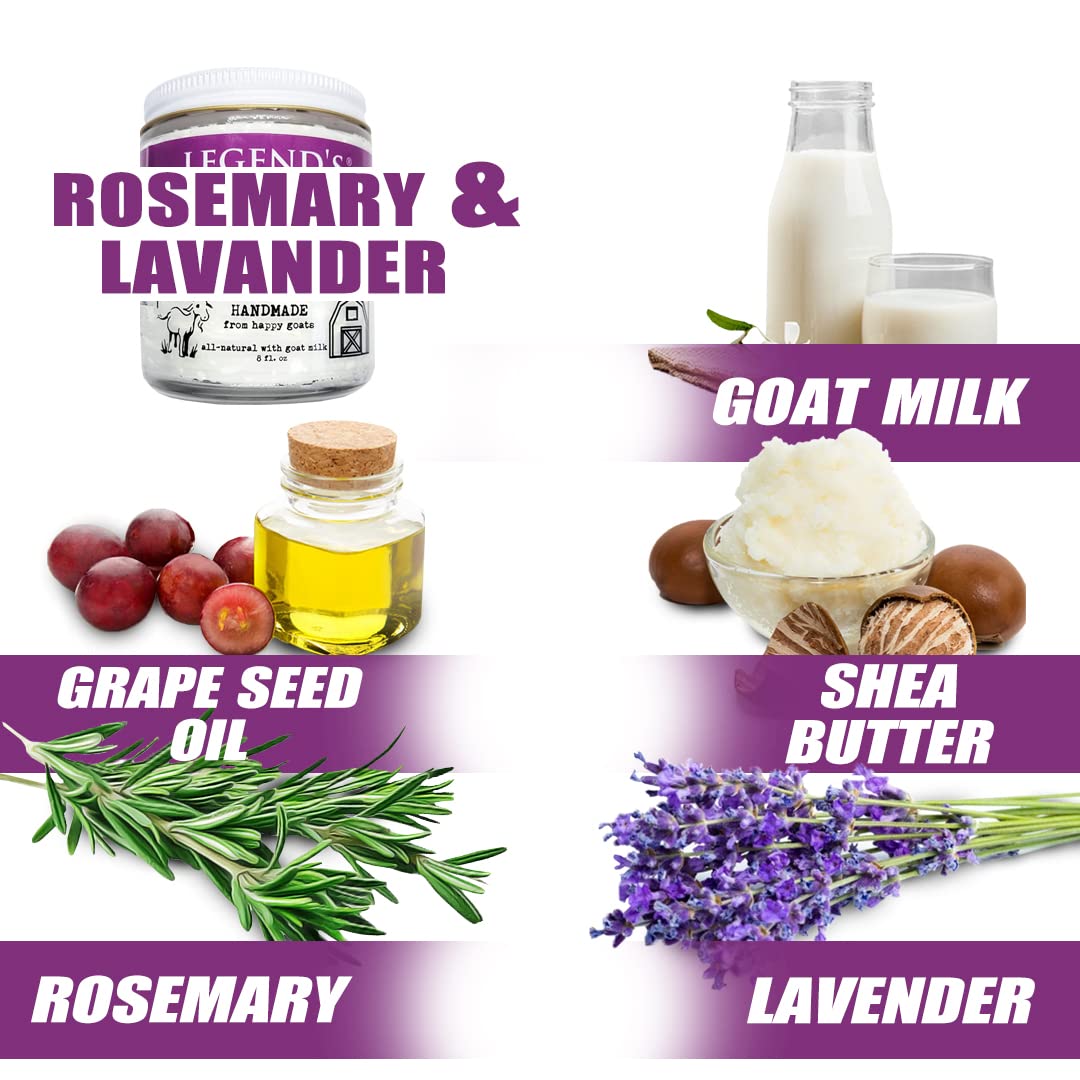Legend's Creek Farm, Goat Milk Body Butter - Hydrating Natural Body Moisturizer with Organic Shea Butter & Grape Seed Oil - 8 Oz Purifying & Toning Whipped Body Butter (Rosemary & Lavender)
