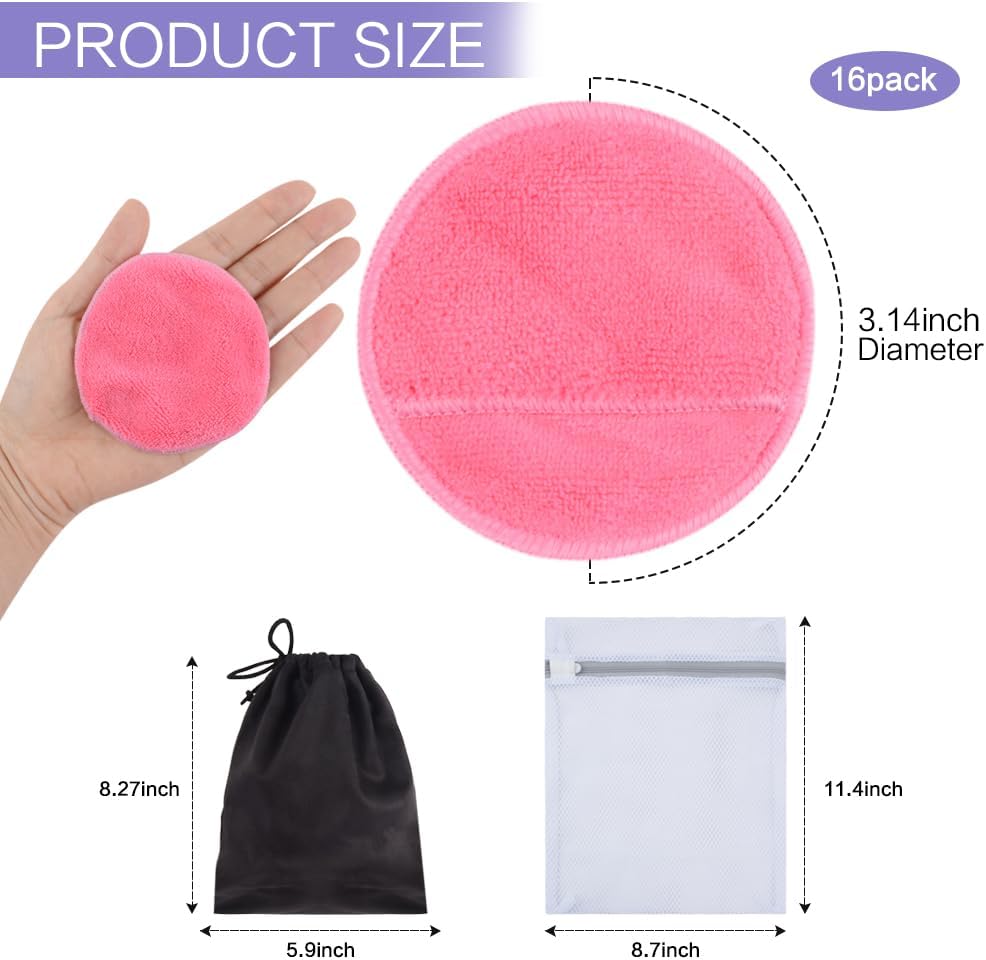 SUNLAND Reusable Makeup Remover Pads for Face,Eye,Lips 16 Pack Microfiber Face Cleansing Gloves Washable with Laundry Bag and Travel Bag Rounds Toner Pads（Round 3.15inchx16 Pink）
