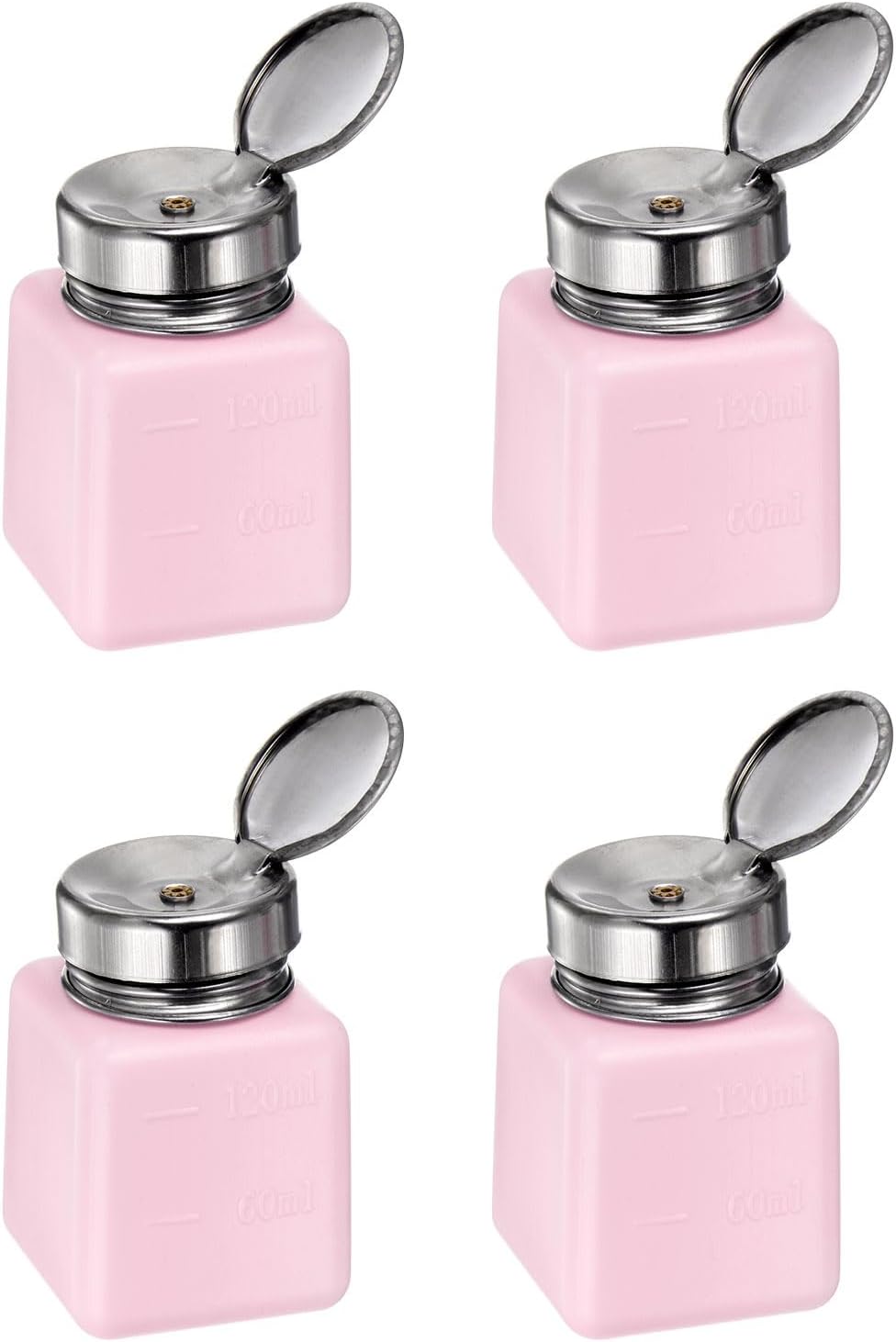 HARFINGTON 4PCS 120ML(4oz) Push Down Alcohol Dispenser Pump Liquid Press Empty Bottles Refillable Container for Acetone Cleanser Nail Polish Remover, Pink