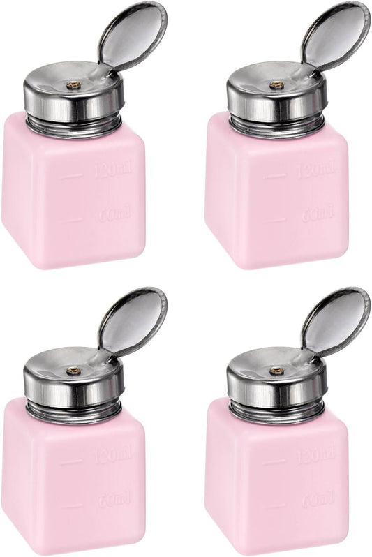 HARFINGTON 4PCS 120ML(4oz) Push Down Alcohol Dispenser Pump Liquid Press Empty Bottles Refillable Container for Acetone Cleanser Nail Polish Remover, Pink