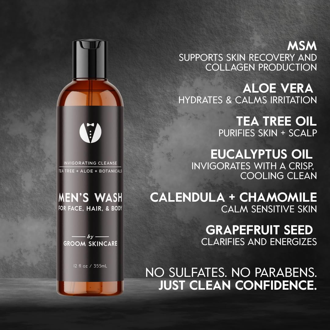 GROOM 3-in-1 Hair, Face & Body Wash for Men | Organic Aloe & Essential Oils | Gentle, Plant-Based Cleanser for Shower, Shave & Skin | Fresh Scent | 12 oz