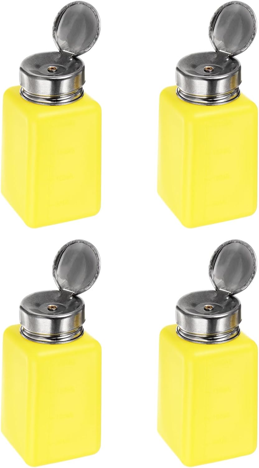 HARFINGTON 4PCS 200ML(6.8oz) Push Down Alcohol Dispenser Pump Liquid Press Empty Bottles Refillable Container for Acetone Cleanser Nail Polish Remover, Yellow