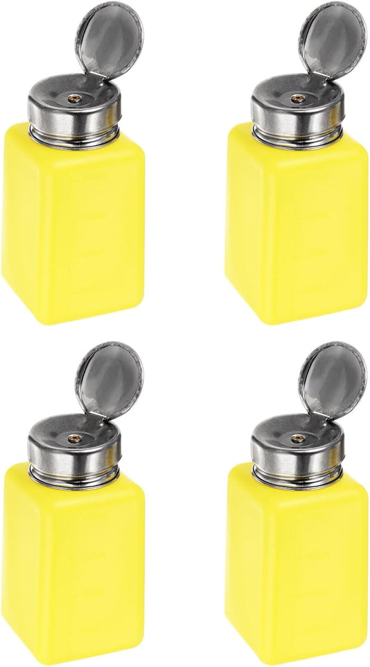 HARFINGTON 4PCS 200ML(6.8oz) Push Down Alcohol Dispenser Pump Liquid Press Empty Bottles Refillable Container for Acetone Cleanser Nail Polish Remover, Yellow